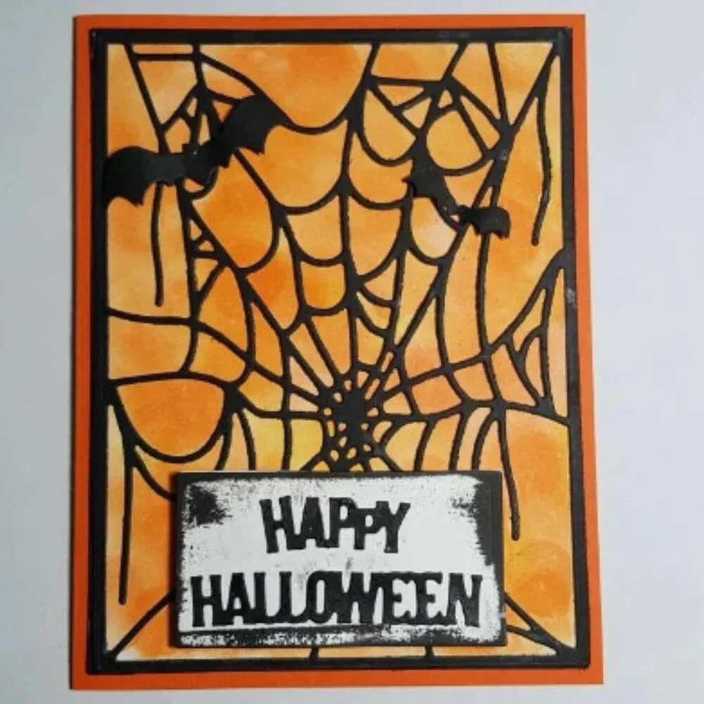 Happy Halloween Spider Webs and Bats Note Card - Orange & Black, Die Cut & Stamp